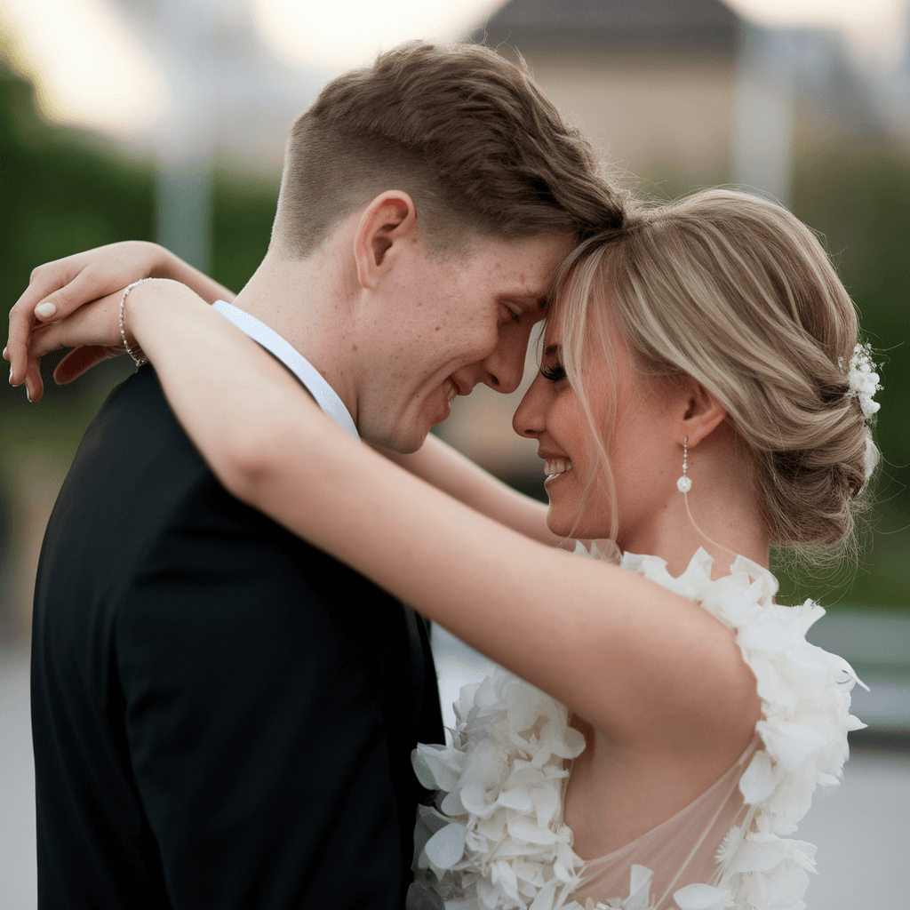 Outdoor Forehead Touch Close-up of a couple in wedding attire touching foreheads outdoors.