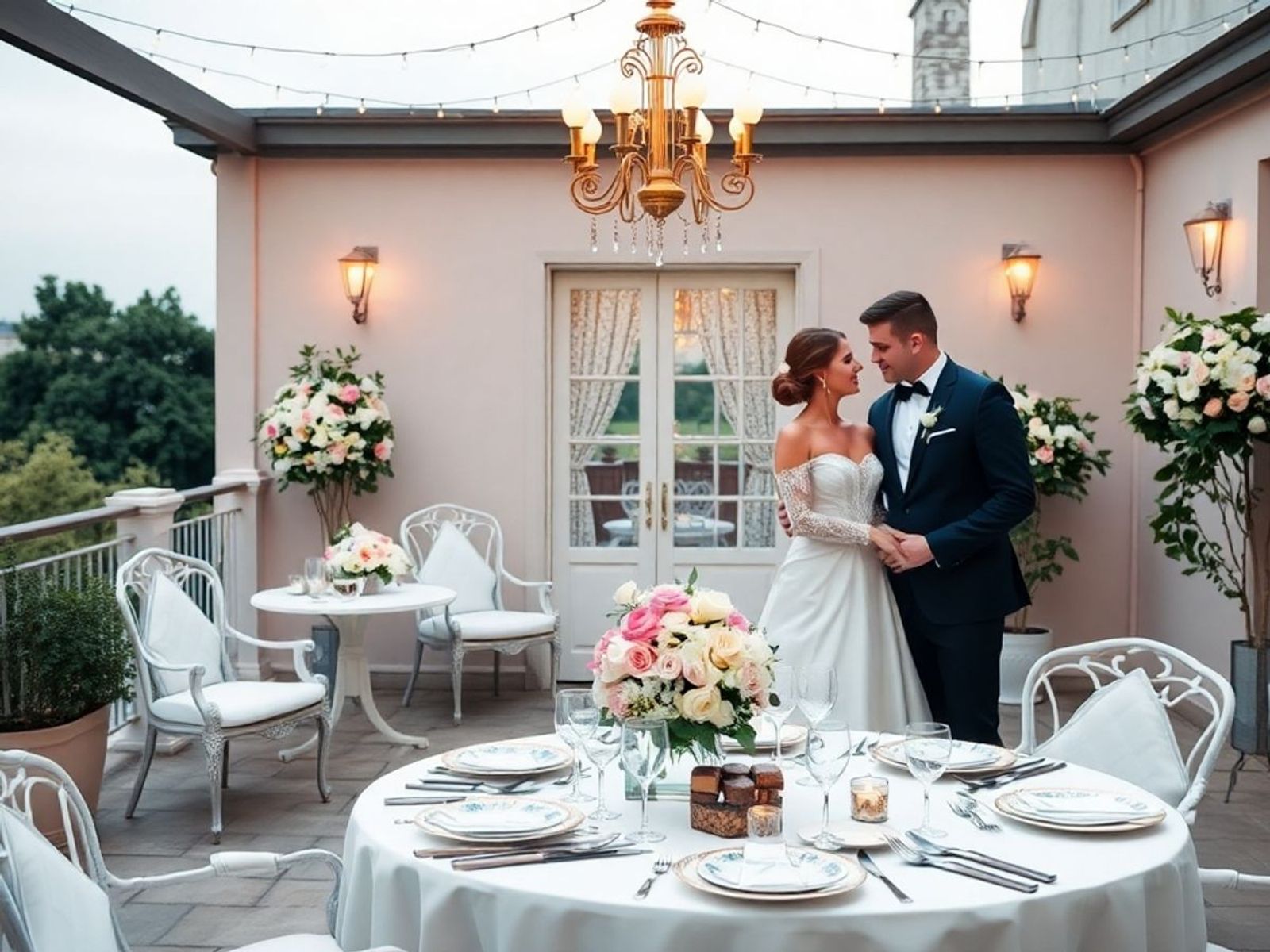 Couple in wedding attire standing beside a flower-covered table on an outdoor terrace.