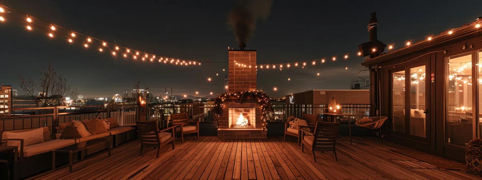 Rooftop Terrace Rooftop terrace with string lights, lounge seating, and a fire feature at night.