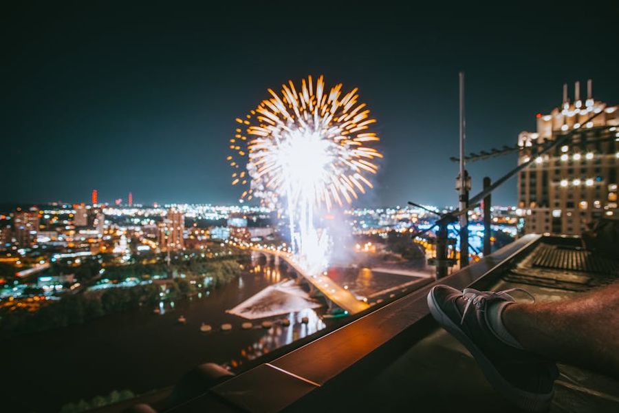 Rooftop Fireworks Fireworks over a city skyline viewed from a rooftop at night.