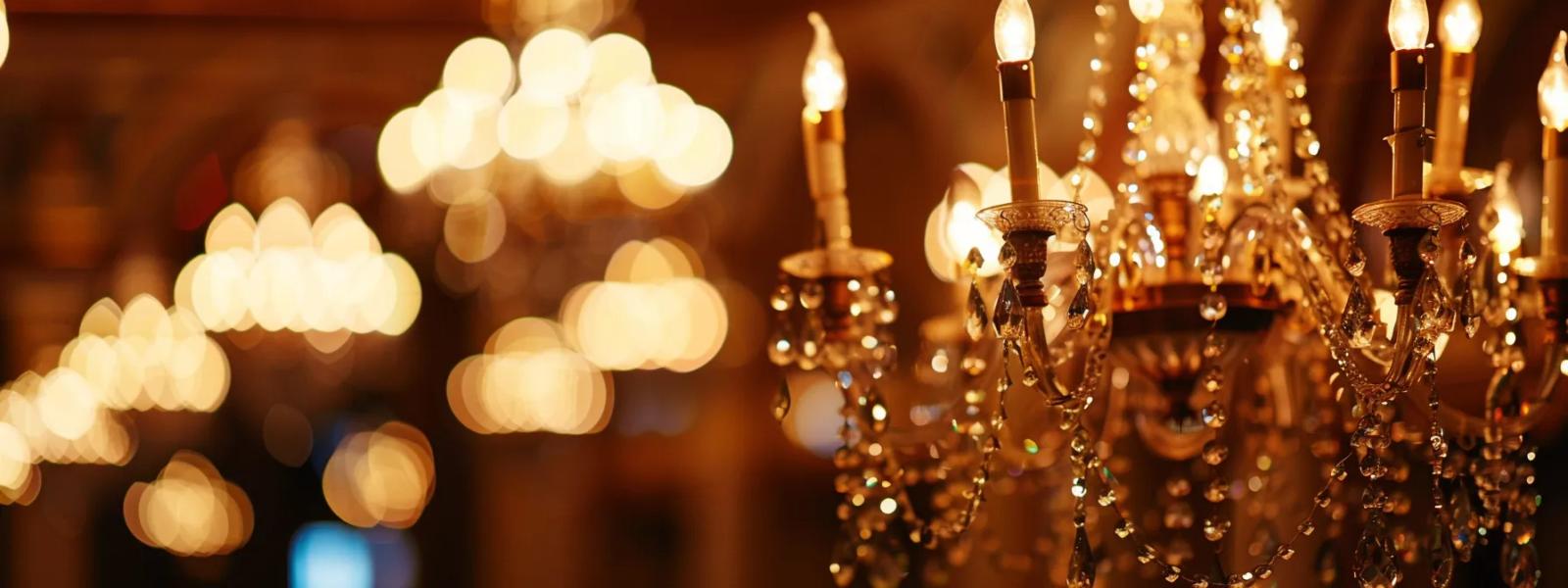 Close-up of crystal chandeliers and warm blurred lights.