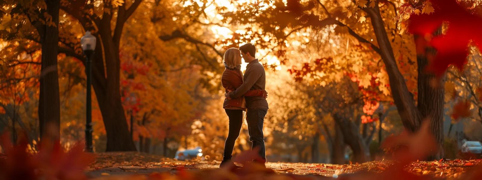 Couple embracing beneath orange autumn trees in warm sunlight.
