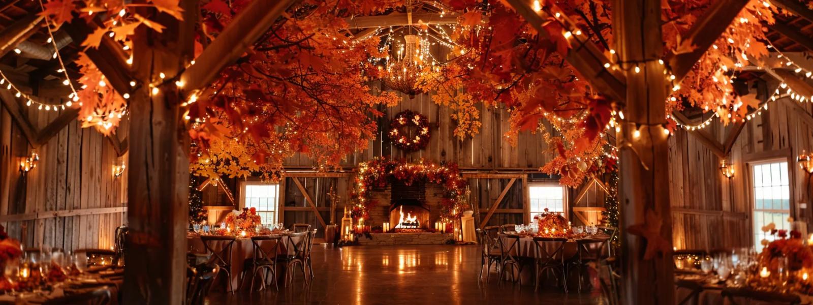 Autumn Barn Reception Rustic reception space decorated with orange foliage, string lights, and a fireplace.