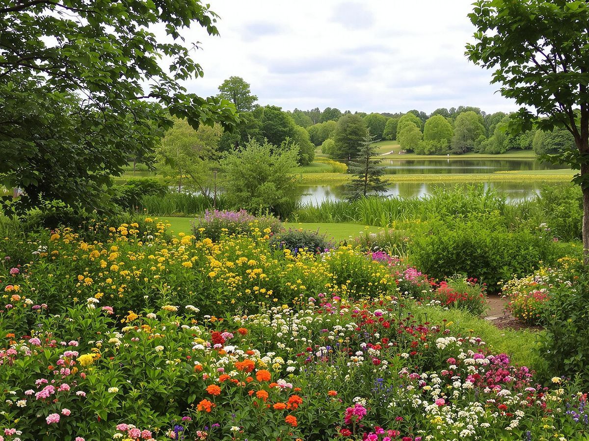 Garden Pond Flower garden and pond surrounded by leafy trees.