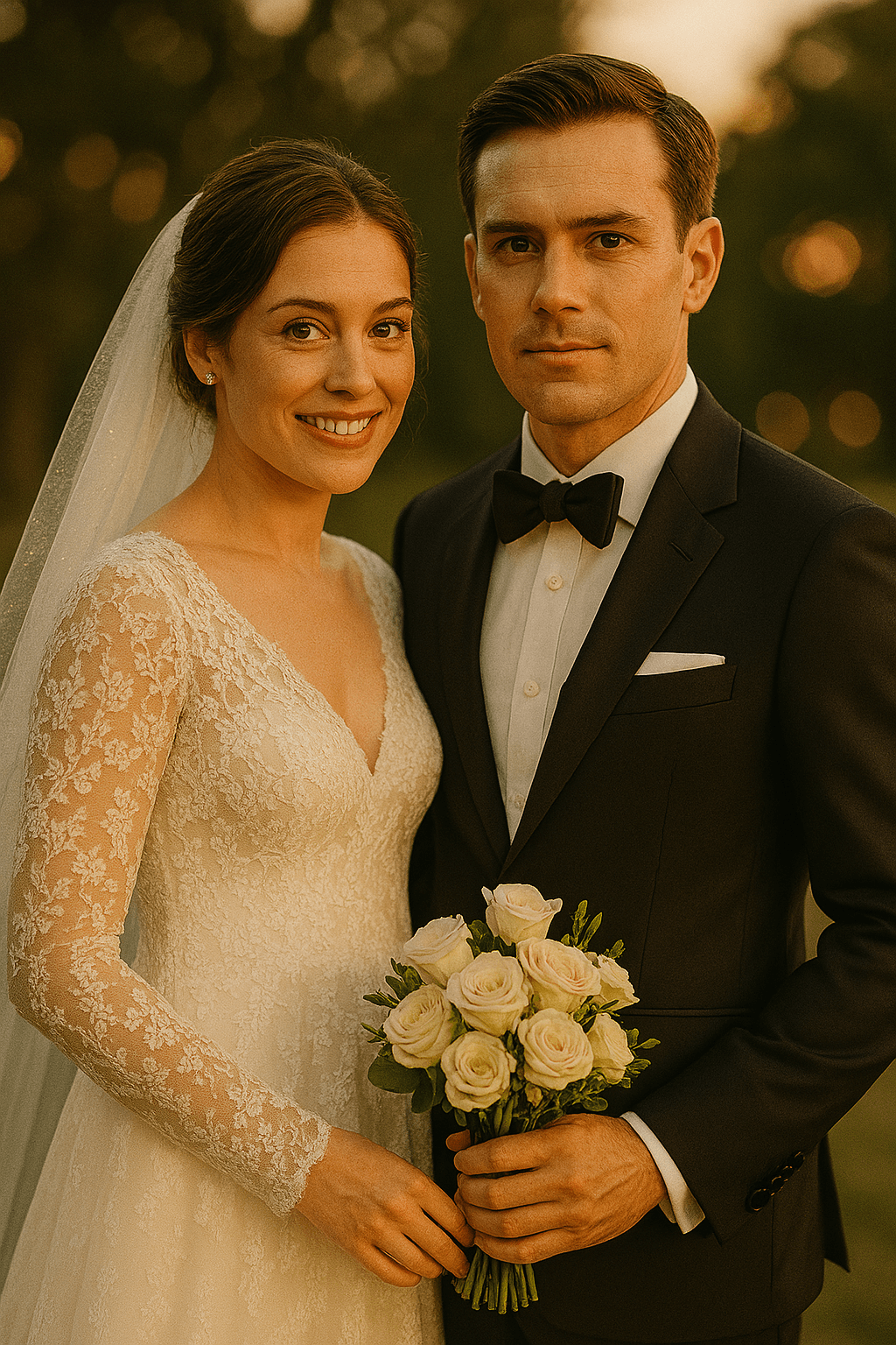 Warm Portrait Couple in wedding attire posing with a white bouquet in warm low light.