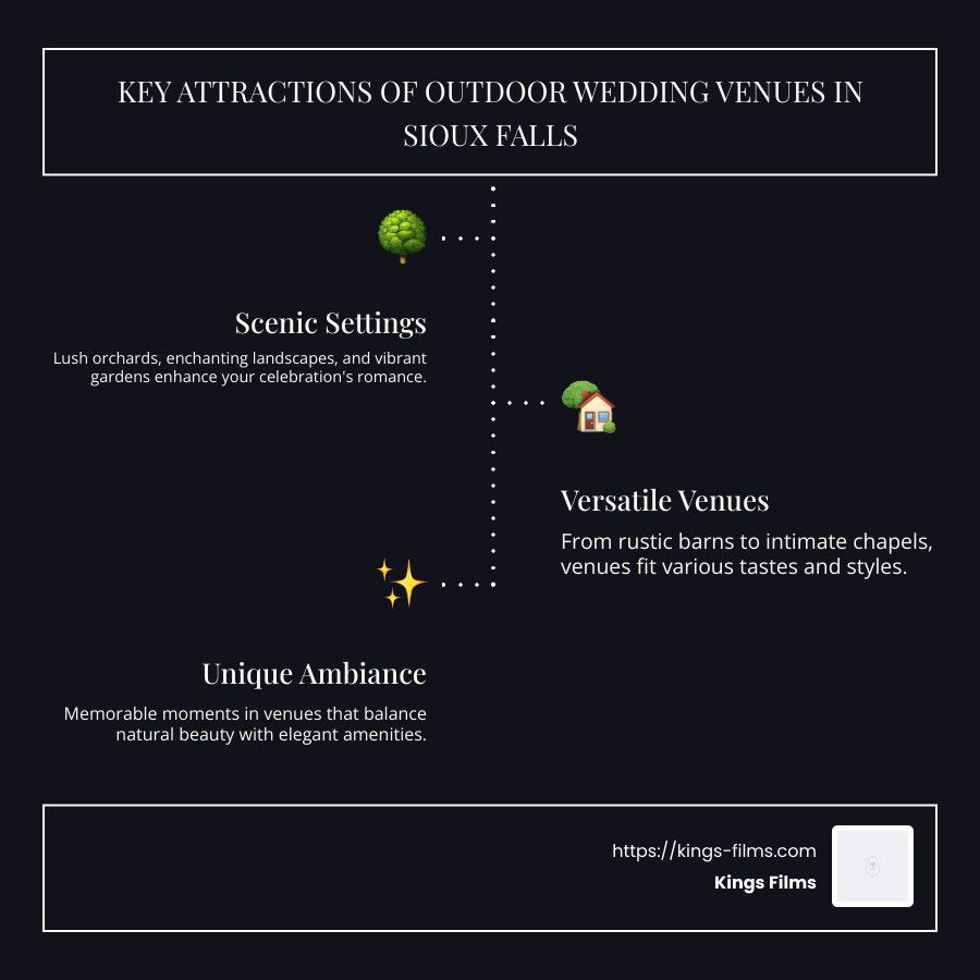 Outdoor Venue Attractions Dark infographic listing three attractions of outdoor wedding venues in Sioux Falls.