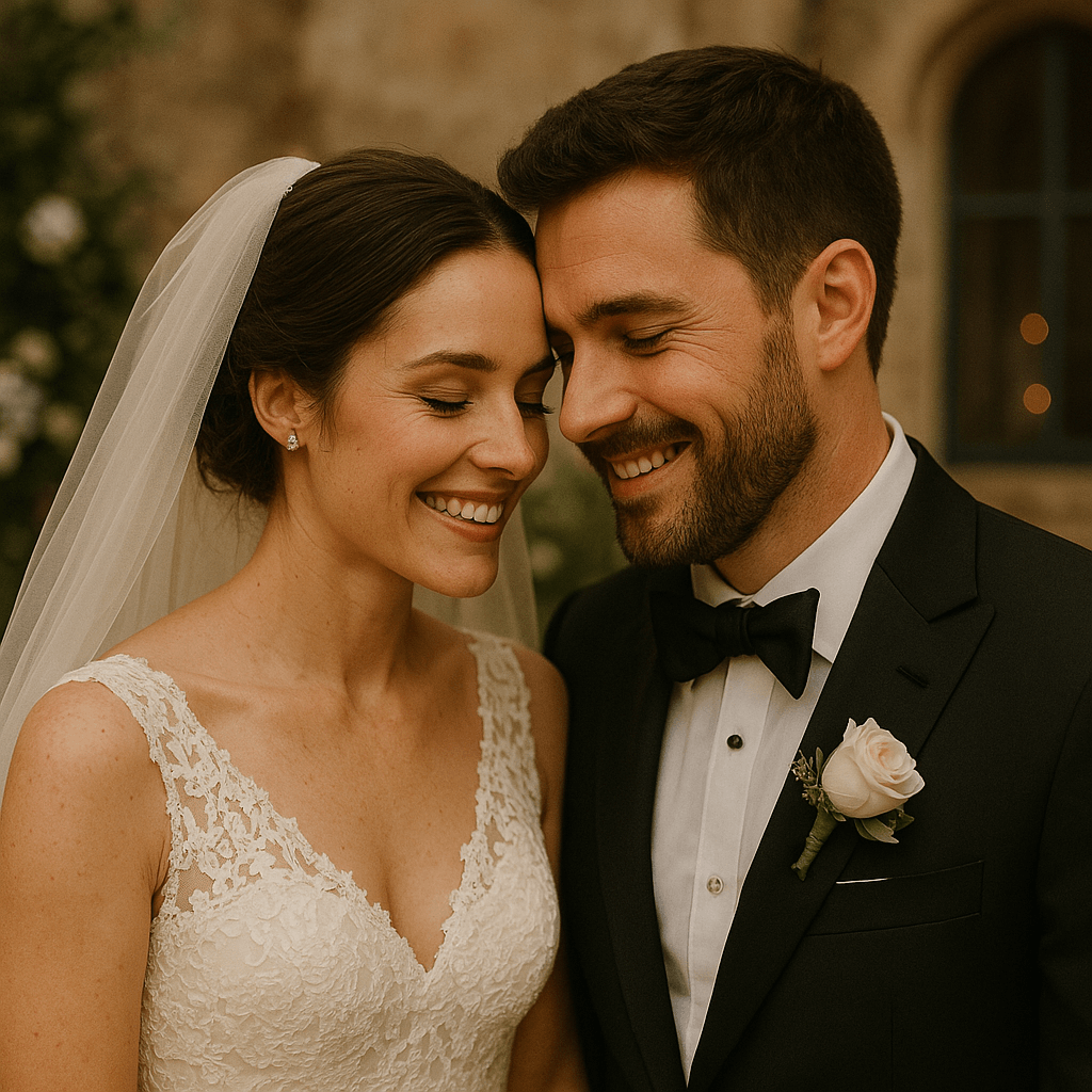 Warm Close-Up Close-up of a smiling couple in wedding attire touching foreheads in warm light.