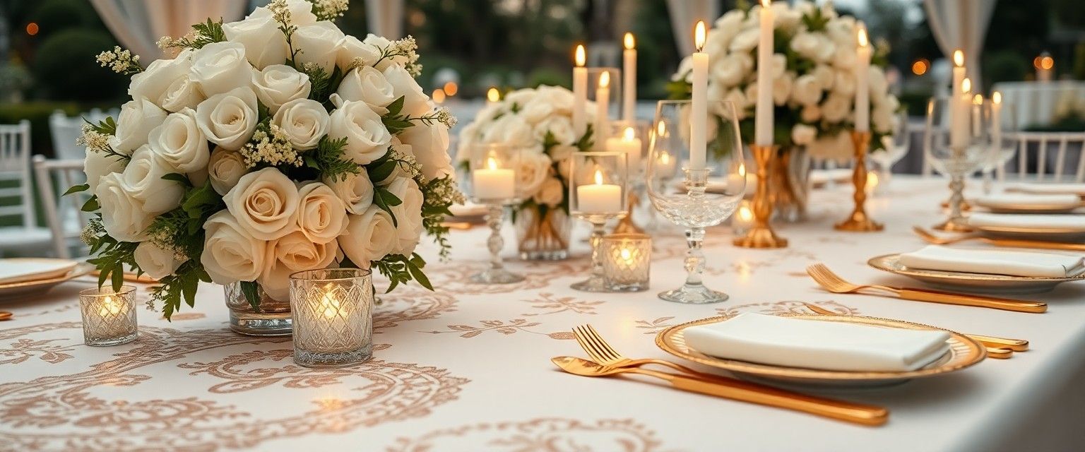 Cream Rose Table Formal banquet table with cream roses, candles, glassware, and gold flatware.