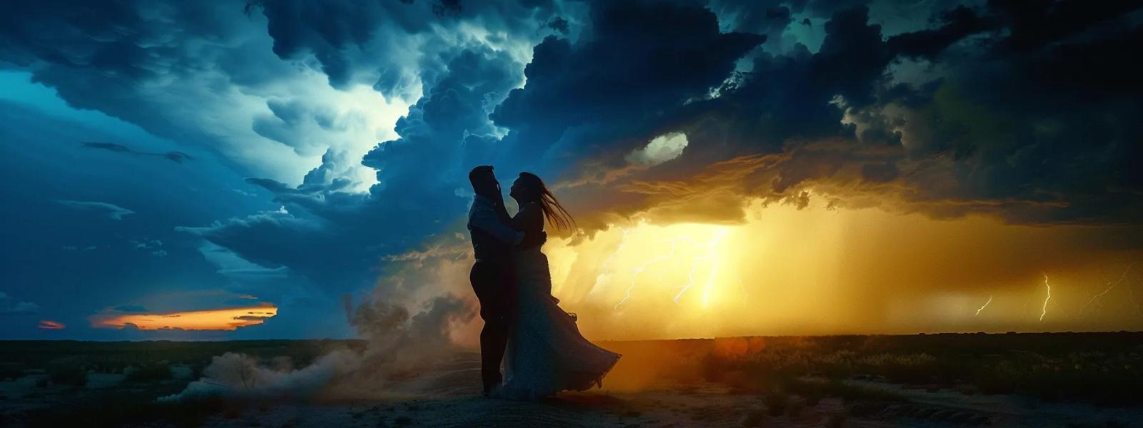 Silhouetted couple standing beneath a dramatic stormy sky with bright light on the horizon.