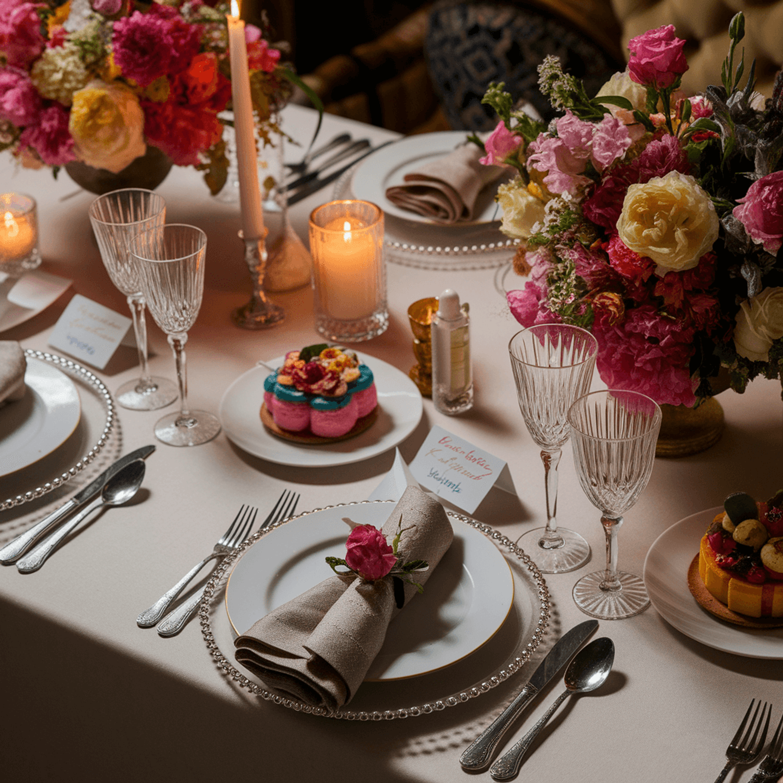 Place setting with a folded gray napkin, pink flower, small cakes, candles, and vivid flowers.