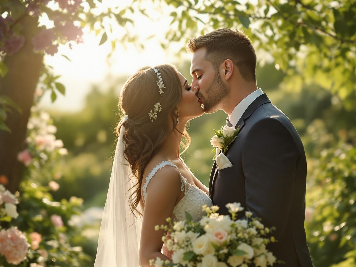 Garden Kiss Couple in wedding attire kissing outdoors among sunlit greenery.