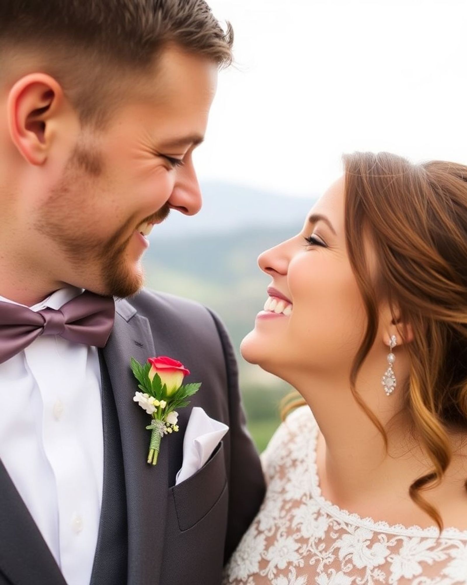 Close-up of a smiling couple in wedding attire looking at each other outdoors.