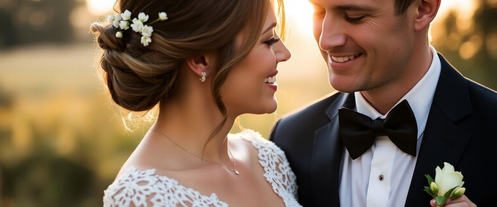 Close crop of a smiling couple in wedding attire standing together in warm outdoor light.