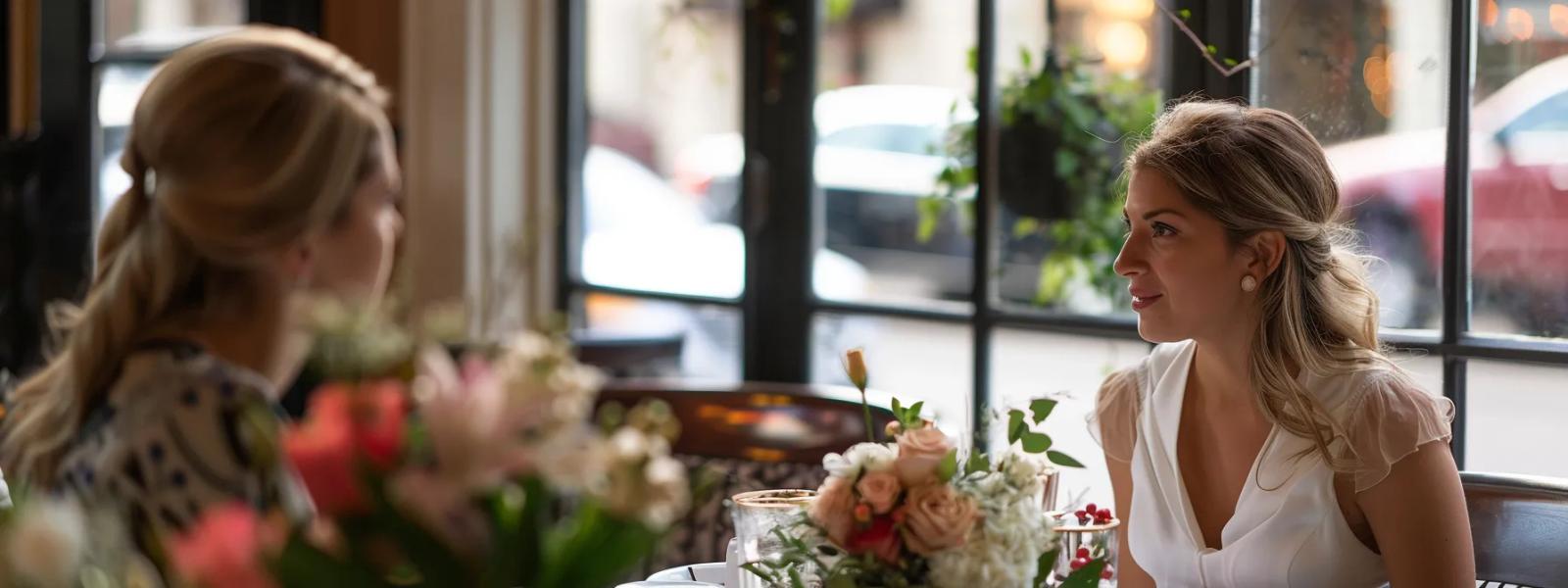 Table Conversation Two people seated across a flower-covered table beside large windows.