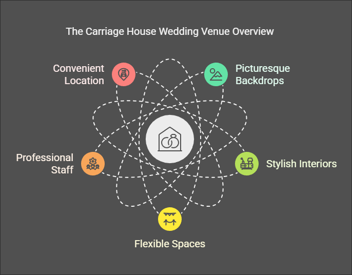Venue Overview Infographic listing five features of The Carriage House wedding venue.