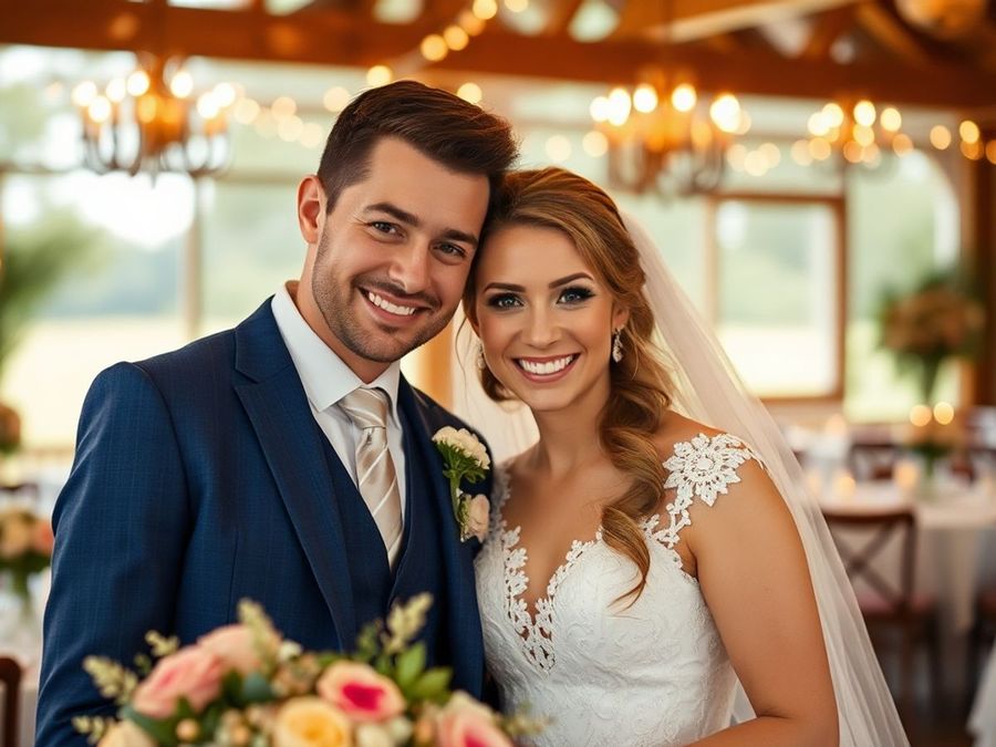 Smiling Indoor Portrait Smiling couple in wedding attire posing together in a warmly lit room.