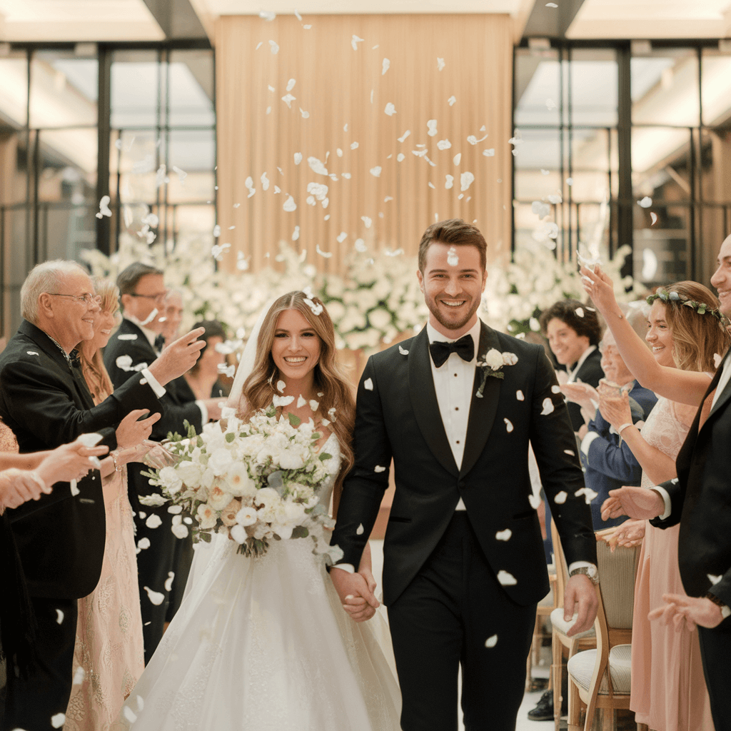 Petal Exit Couple in wedding attire walking through applauding guests as white petals fall.
