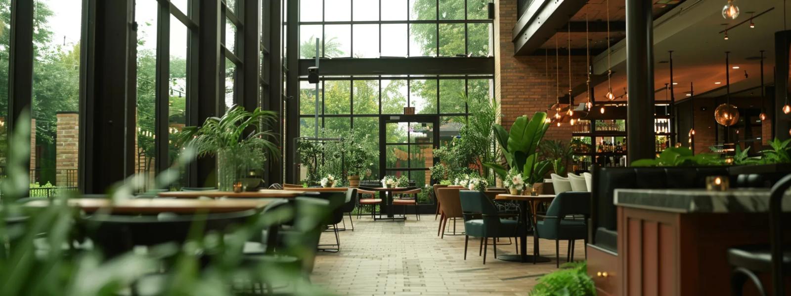 Modern glass-walled interior with plants, tables, and dark structural beams.