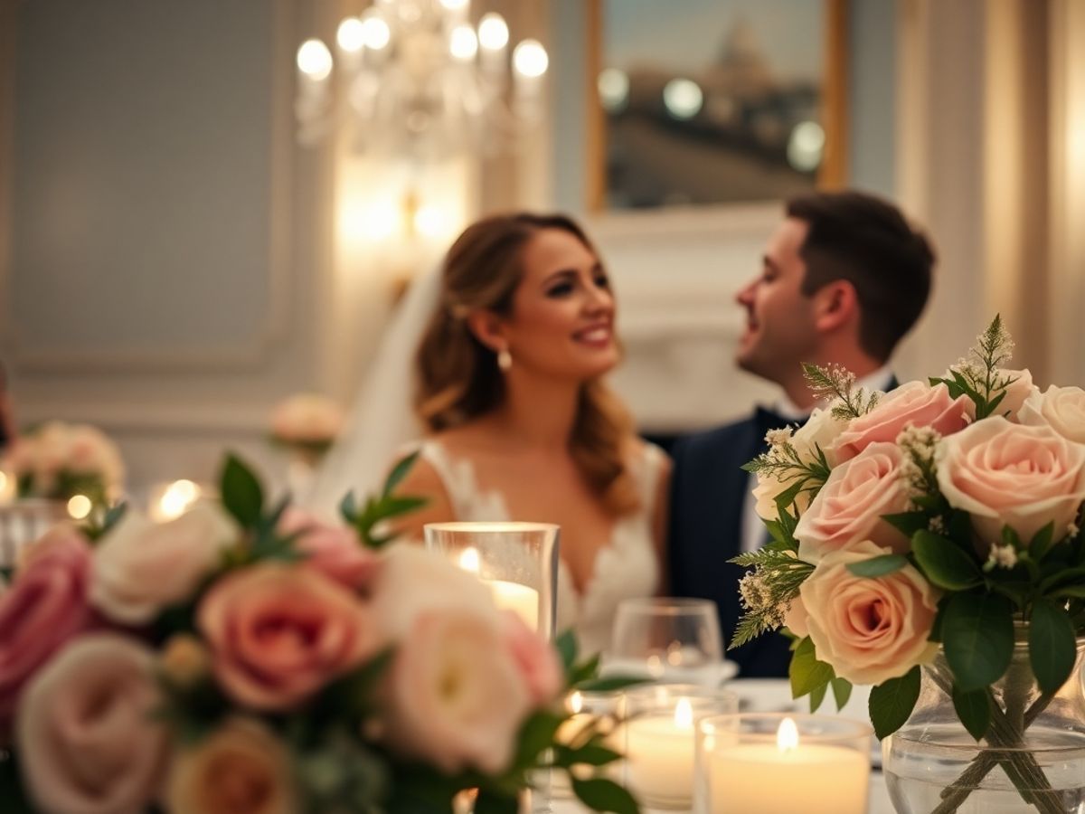 Roses in Foreground Couple in wedding attire blurred behind pink roses and candles on a table.
