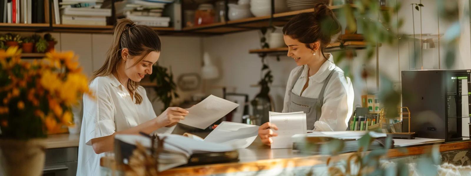Two people reviewing papers together at a table in a warm office or café.