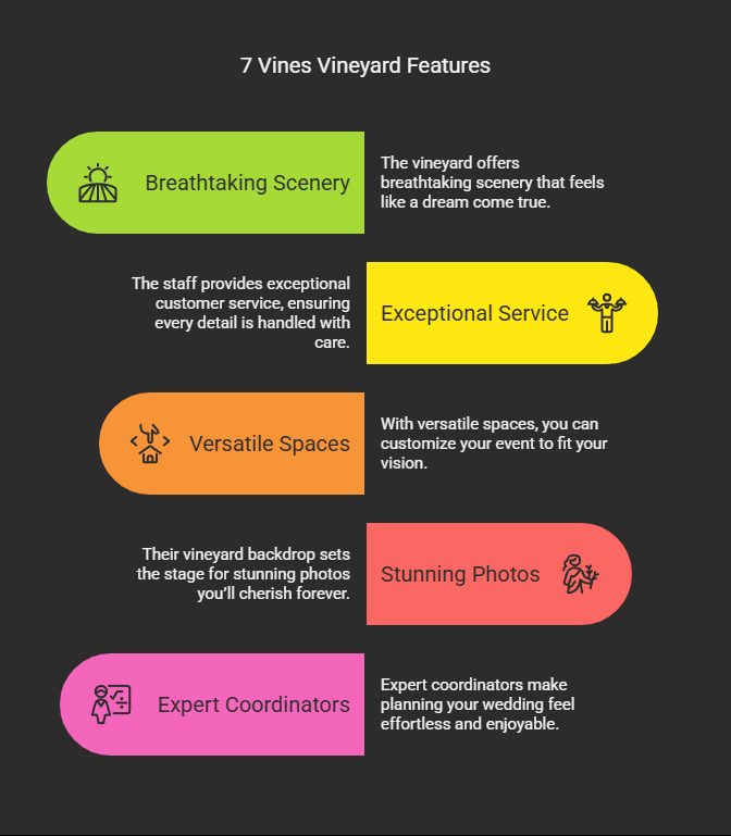 Vineyard Features Infographic listing five features of 7 Vines Vineyard wedding venue.