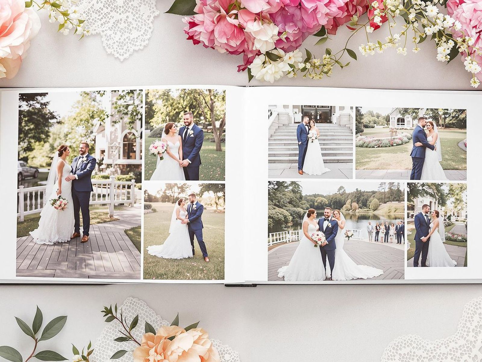 Open photo album displaying wedding portraits beside pink flowers and lace.
