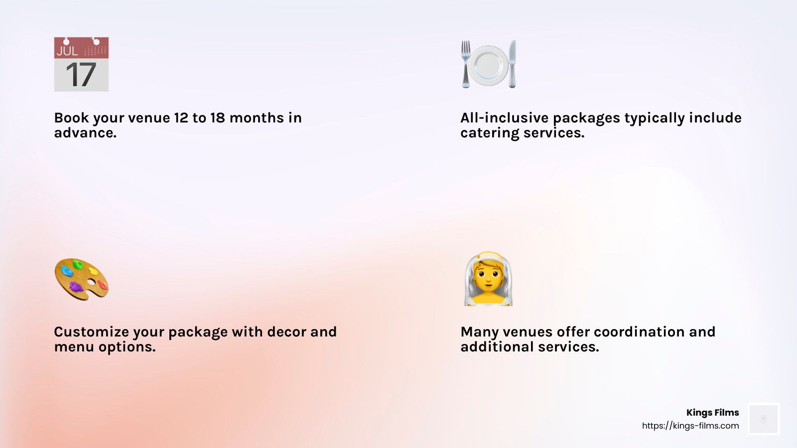Four-panel infographic describing all-inclusive wedding package features.
