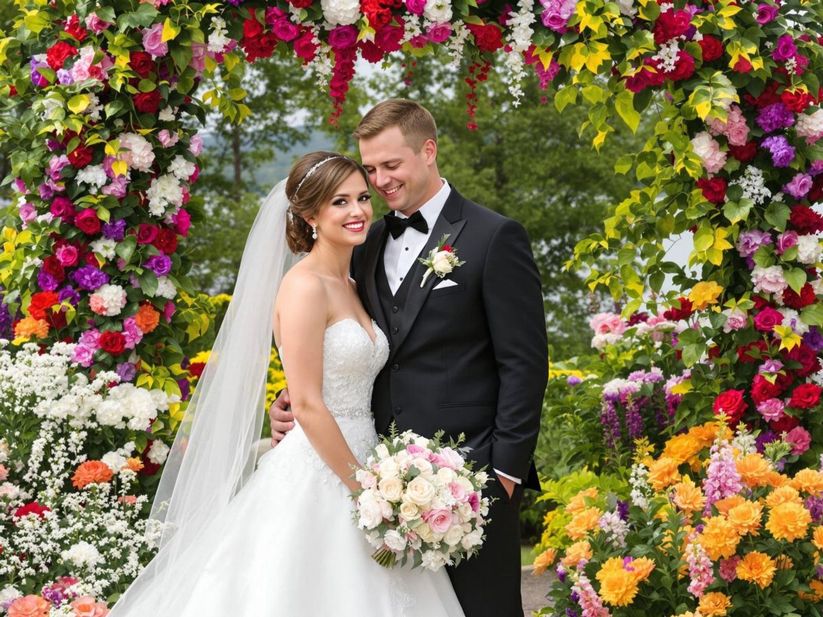 Couple in wedding attire posing before a dense wall of colorful flowers.