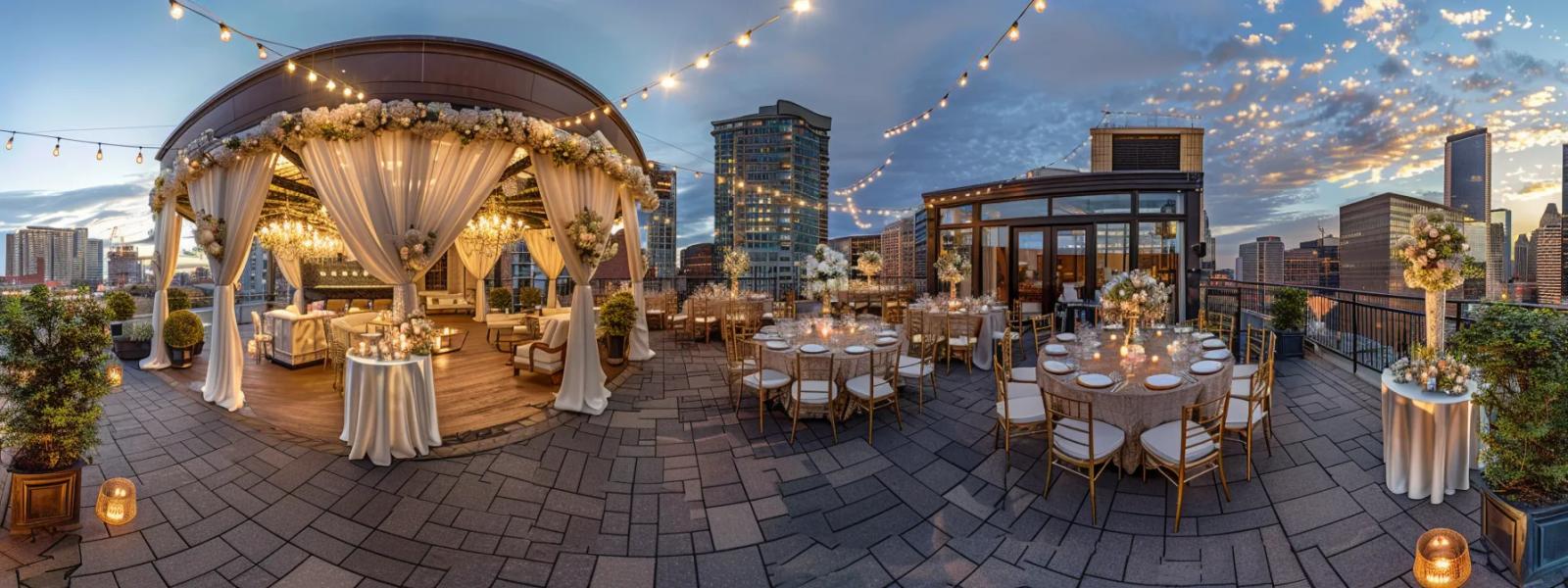 Rooftop reception tables and a draped pavilion beneath string lights