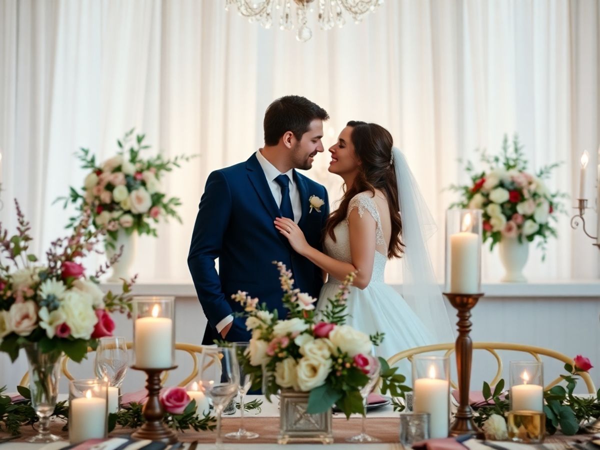 Candlelit Couple Wedding couple standing behind a candlelit floral table