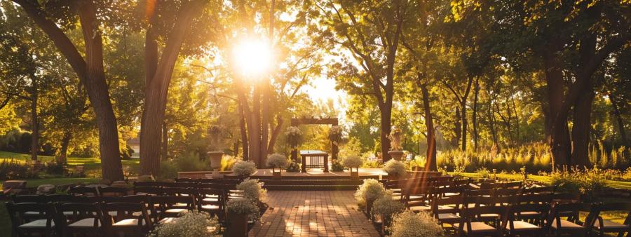 Sunlight filtering through trees above outdoor benches