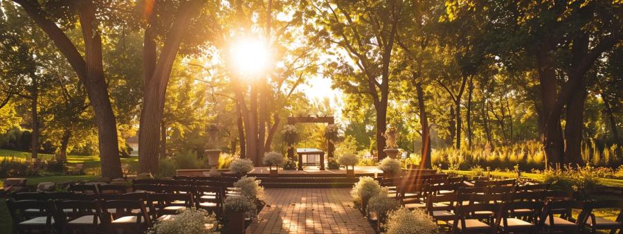 Sunlit Grove Sunlight filtering through trees above outdoor benches