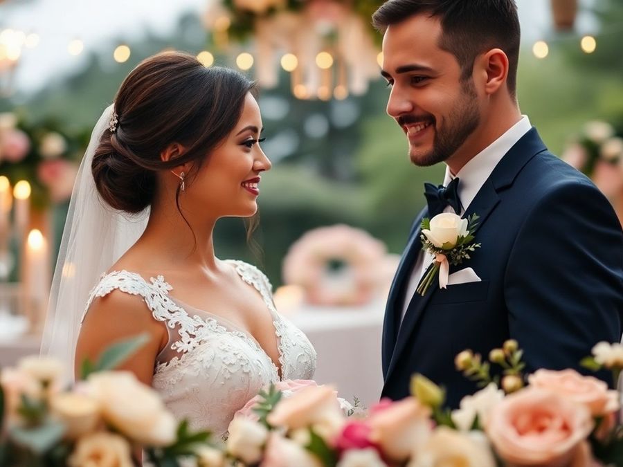 Floral Table Portrait Wedding couple facing each other beside a flower-filled table