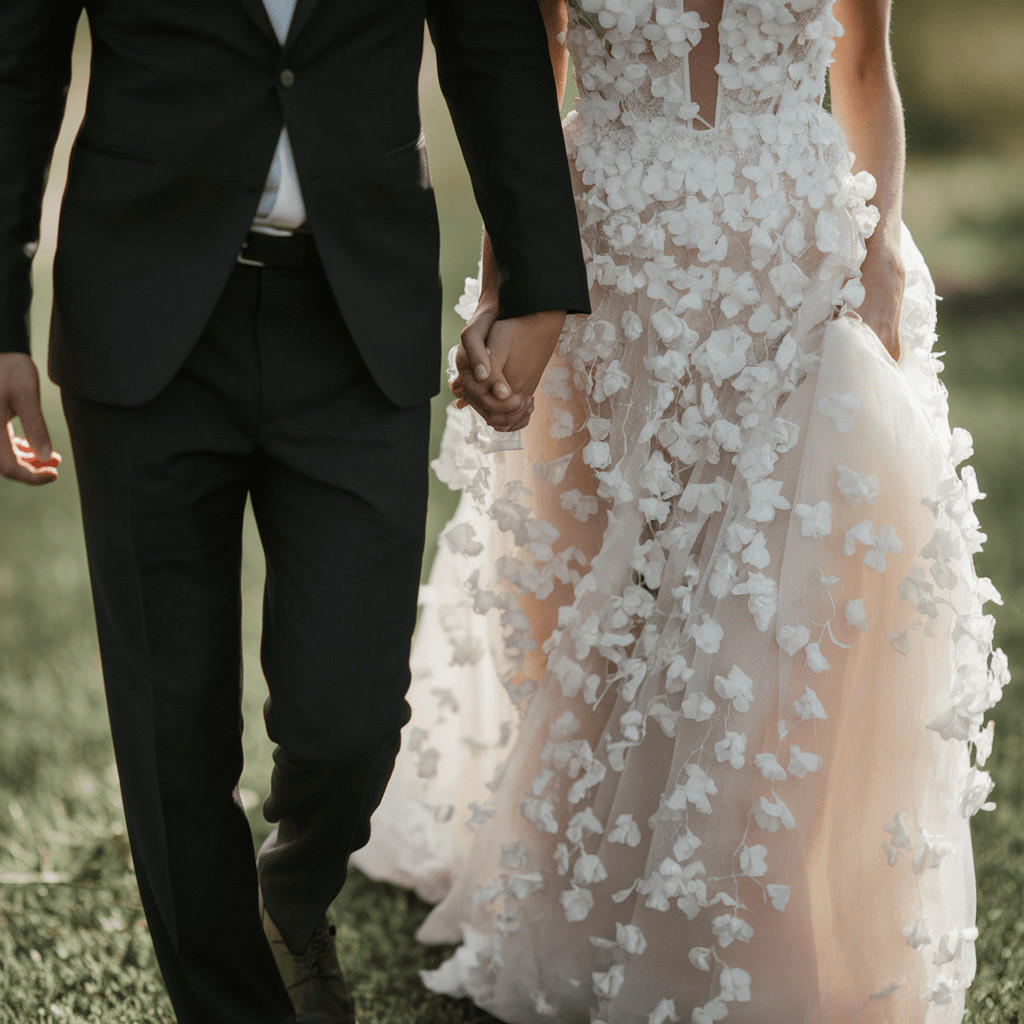 Walking Together Cropped wedding couple walking together through grass