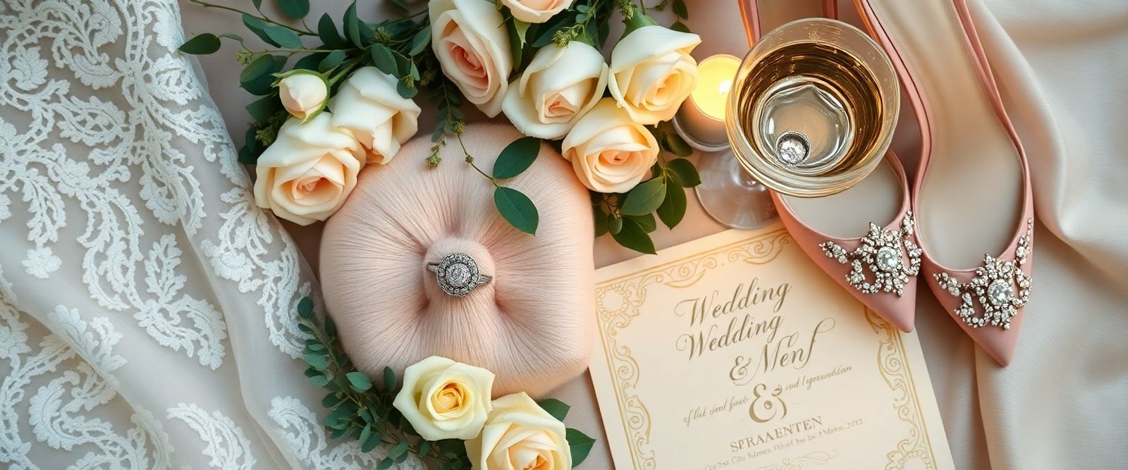 Flat lay with flowers lace invitation jewelry shoes and glassware