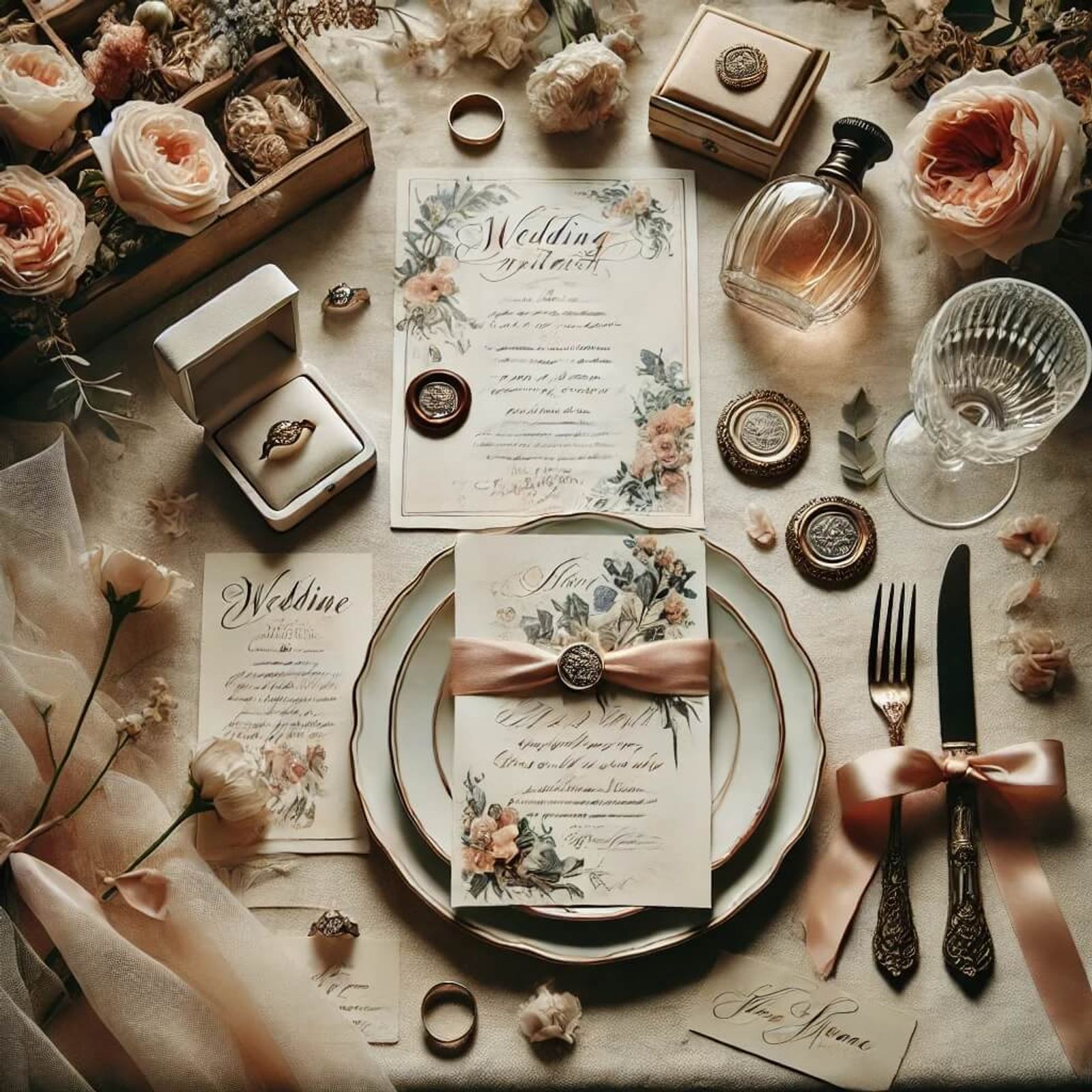 Place setting with stationery flowers glassware and accessories