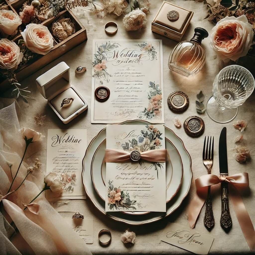 Styled Place Setting Place setting with stationery flowers glassware and accessories