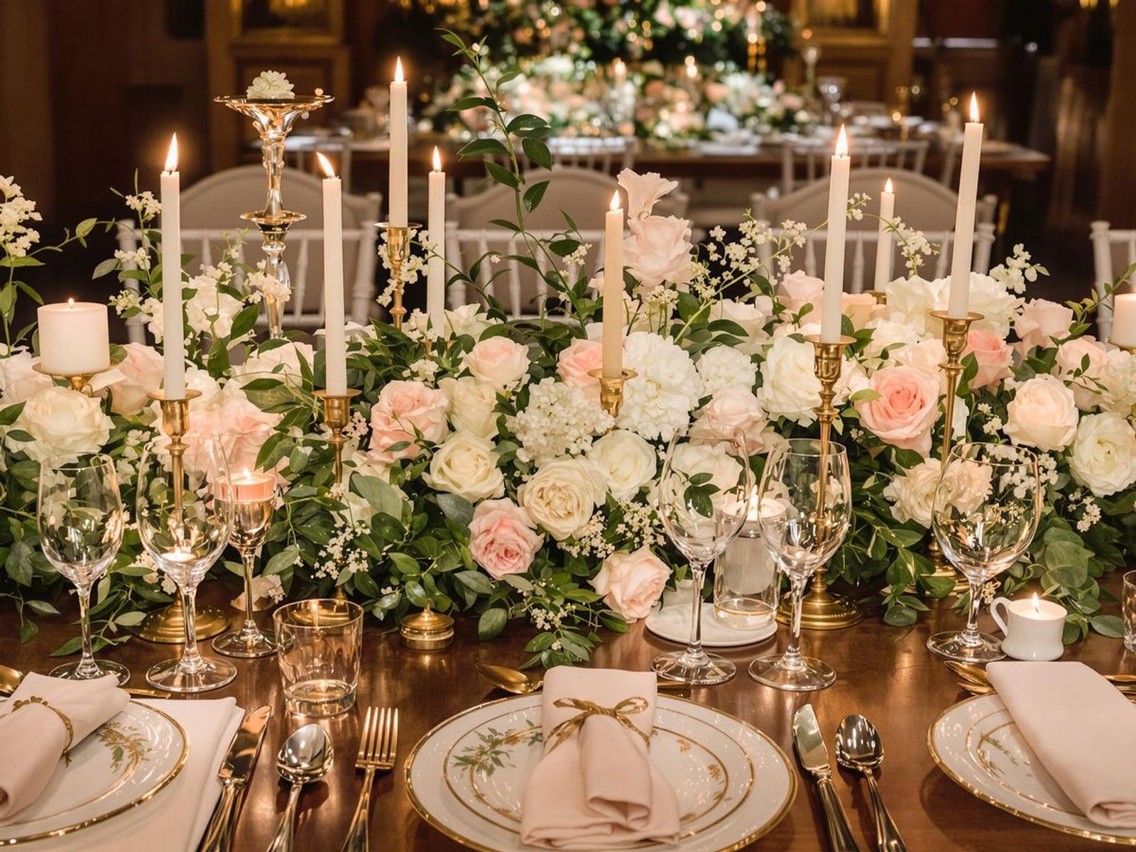 Candlelit reception table with pale flowers plates and glassware