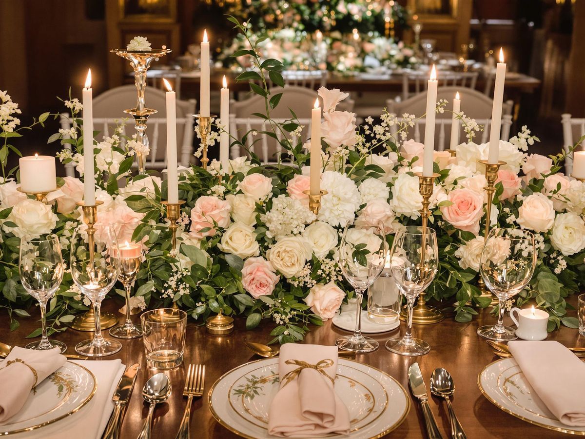Candlelit Reception Table Candlelit reception table with pale flowers plates and glassware