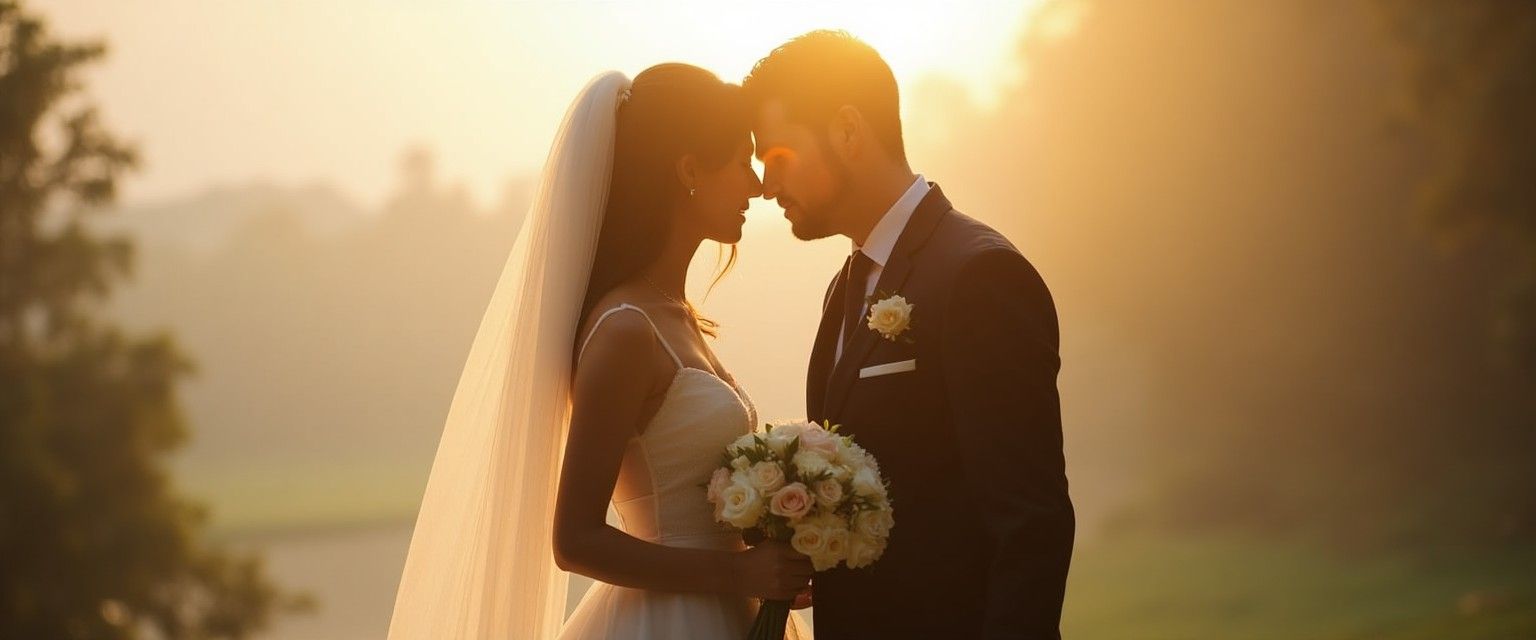 Sunset Silhouette Backlit silhouette of a wedding couple touching foreheads at sunset