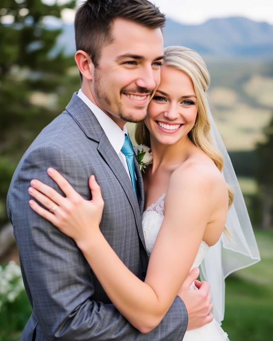 Outdoor Embrace Wedding couple smiling while embracing outdoors