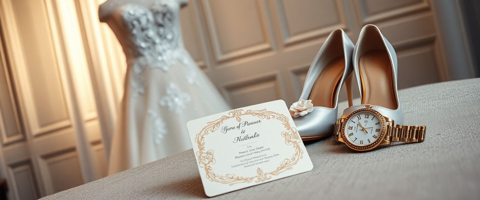 Dress shoes wristwatch and printed card beside a white dress