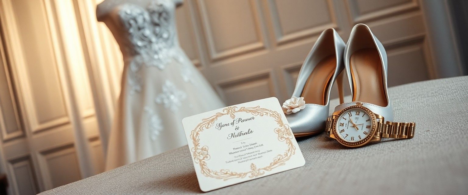 Shoes and Watch Dress shoes wristwatch and printed card beside a white dress