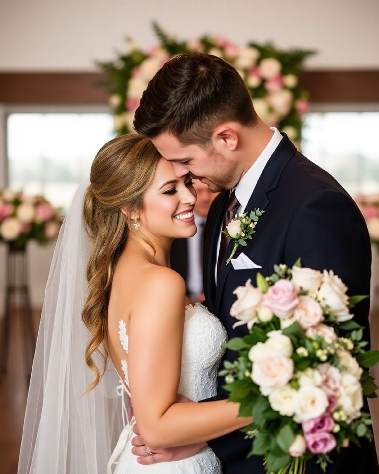 Wedding couple embracing with flowers behind them