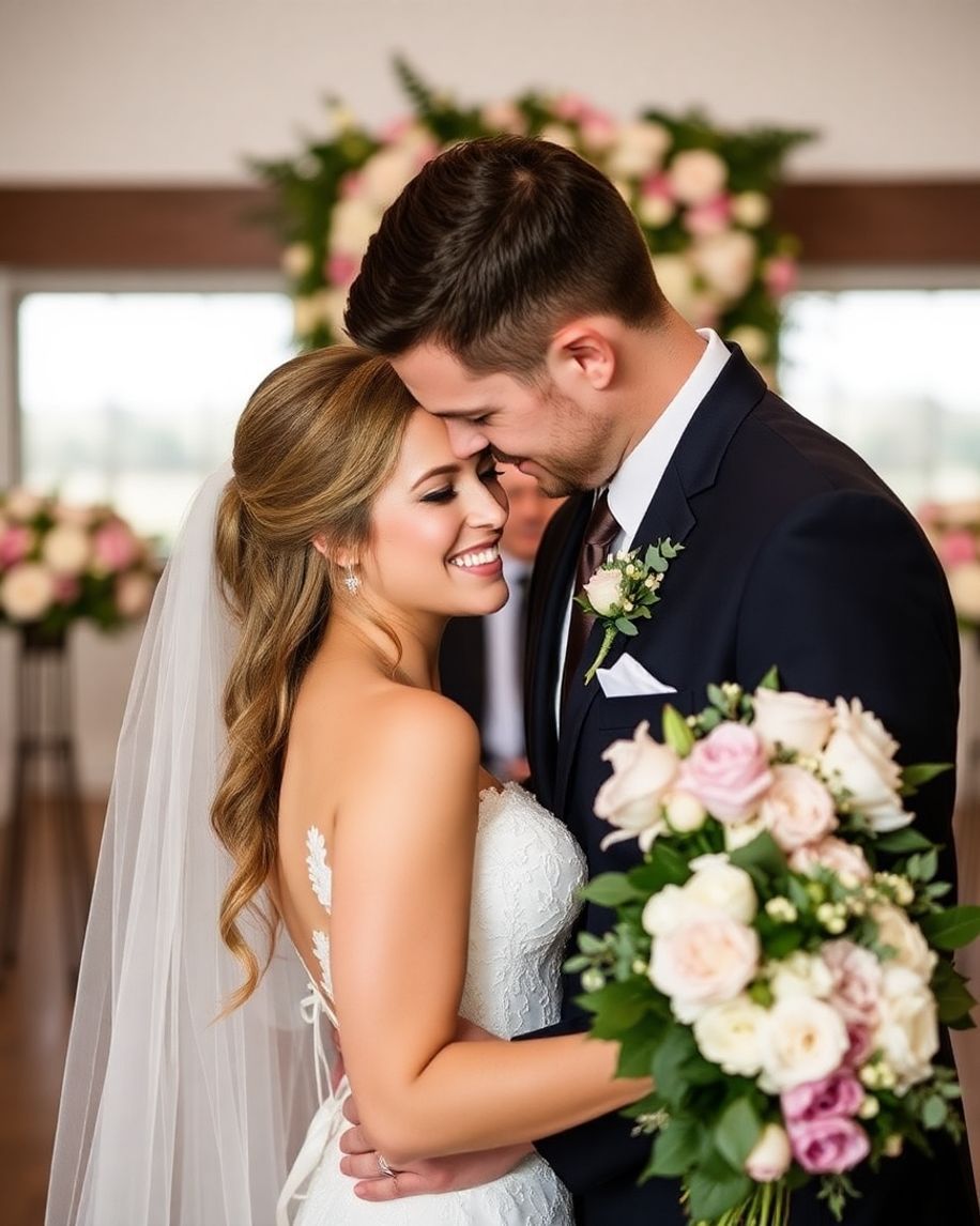 Floral Embrace Wedding couple embracing with flowers behind them