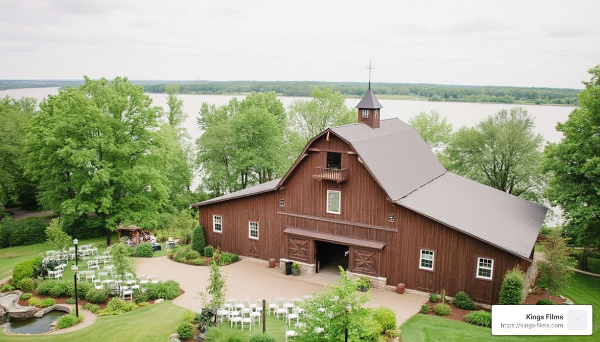 Garden Barn Large red barn surrounded by gardens and water