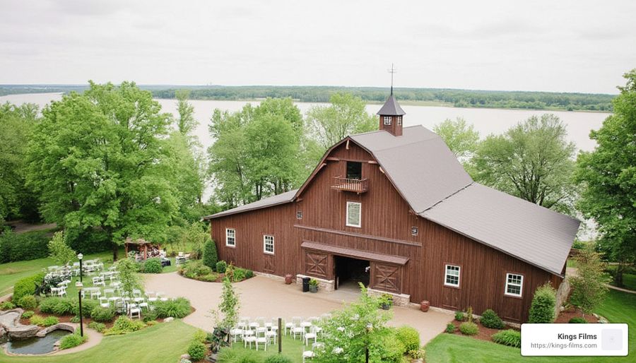 Garden Barn Large red barn surrounded by gardens and water
