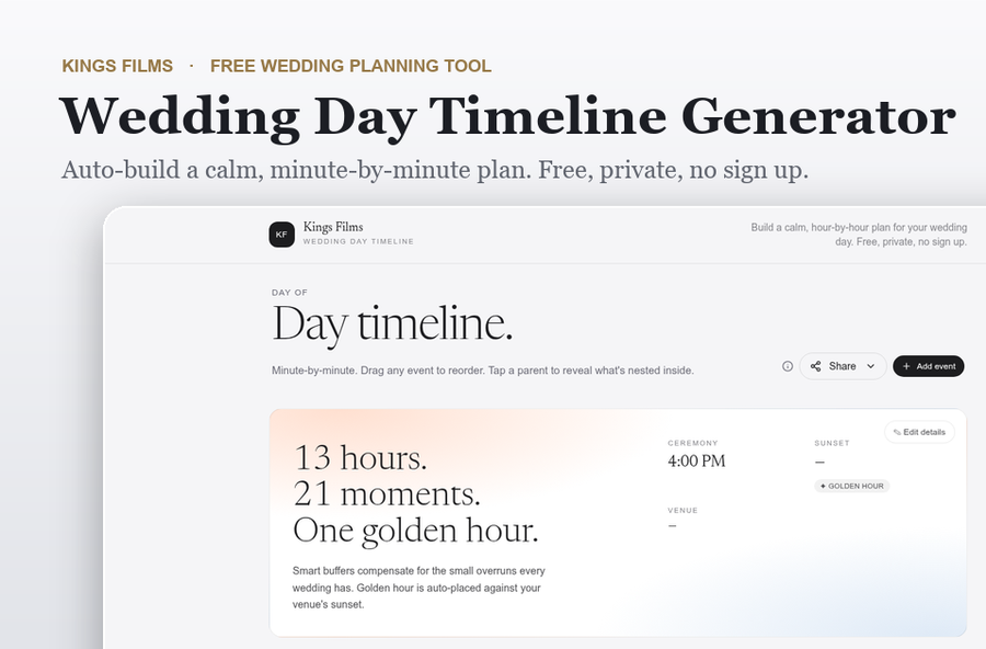 Screenshot promoting a wedding day timeline generator