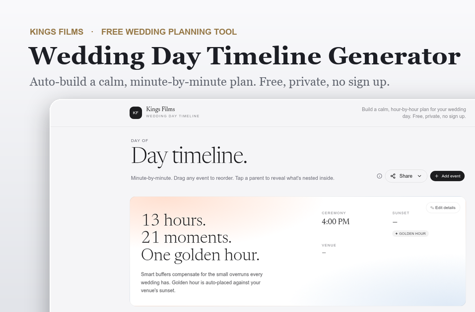 Timeline Generator Screenshot promoting a wedding day timeline generator