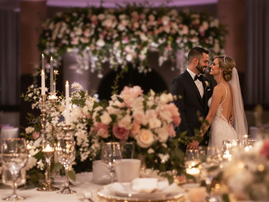 Reception Kiss Wedding couple kissing behind a candlelit flower-covered table